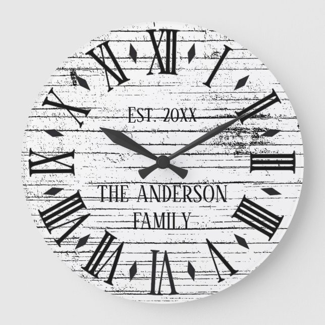 Rustic Distressed Wood Family Name Roman Numeral Large Clock (Front)
