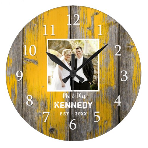 Rustic Distressed Wood Farmhouse Wedding Photo Large Clock