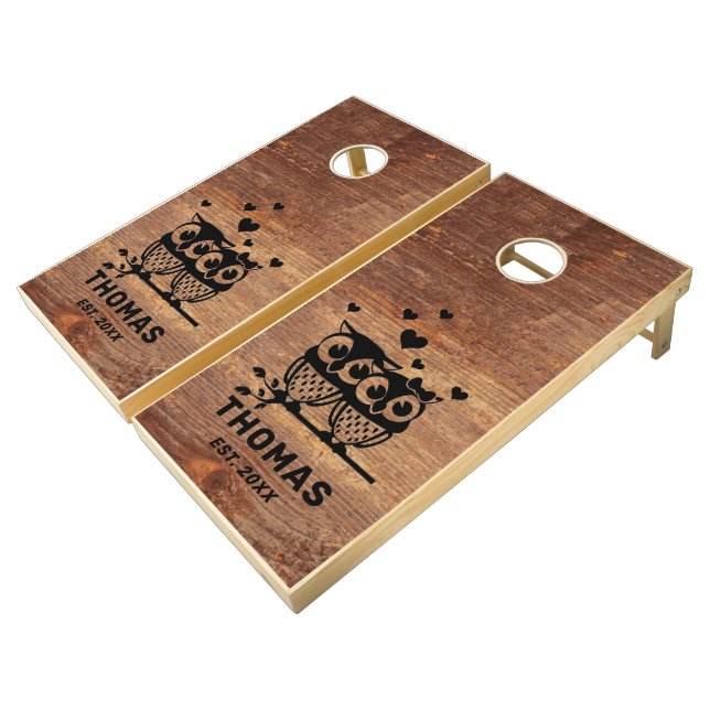 Rustic Distressed Wood Owls Wedding Name & Date Cornhole Set (Angled)