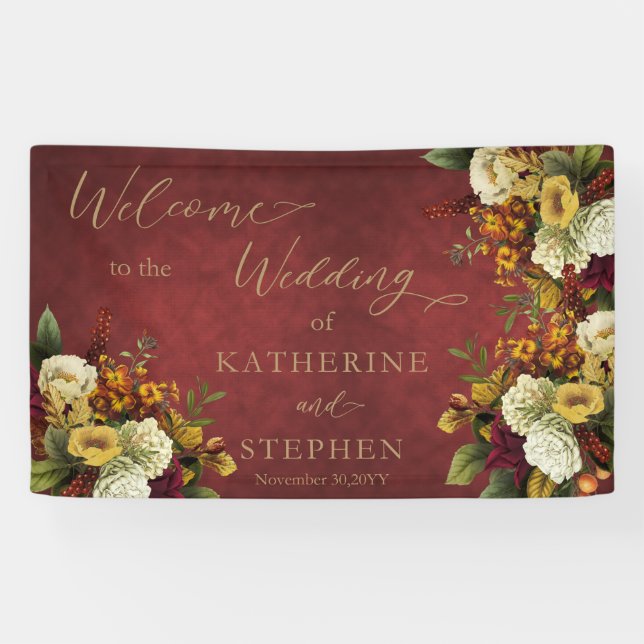 Rustic Dk Red | Orange Floral Bouquet Wedding Banner (Horizontal)