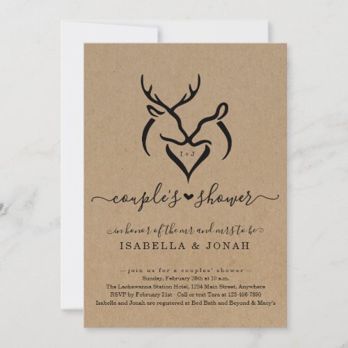Rustic Doe  Deer Antlers Heart Couples Shower Invitation