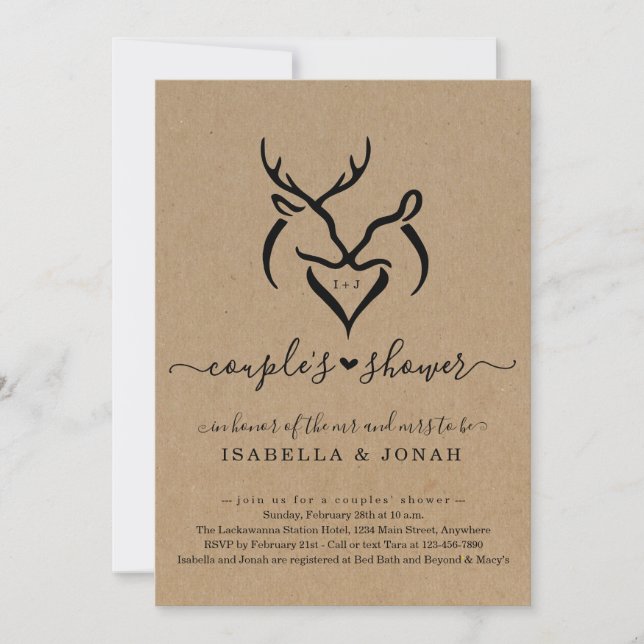 Rustic Doe & Deer Antlers Heart Couple's Shower Invitation (Front)