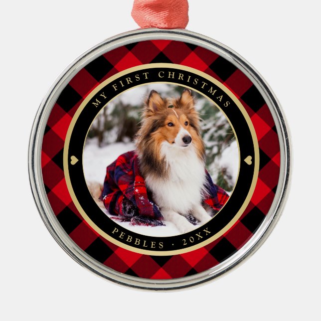 Rustic Dog First Christmas Red Buffalo Plaid Name Metal Ornament (Front)
