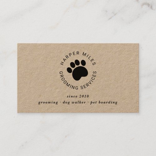 Rustic dog grooming paw print kraft business card