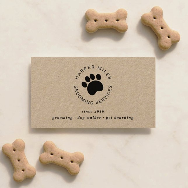 Rustic dog grooming paw print kraft business card (Professional, minimalistic dog sitter business card with a rustic organic feeling.)