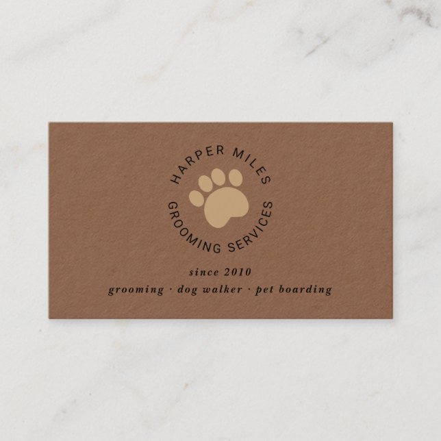 Rustic dog grooming paw print kraft business card (Front)