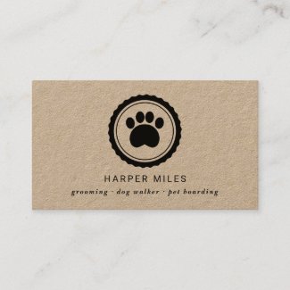 Rustic dog grooming paw print label business card