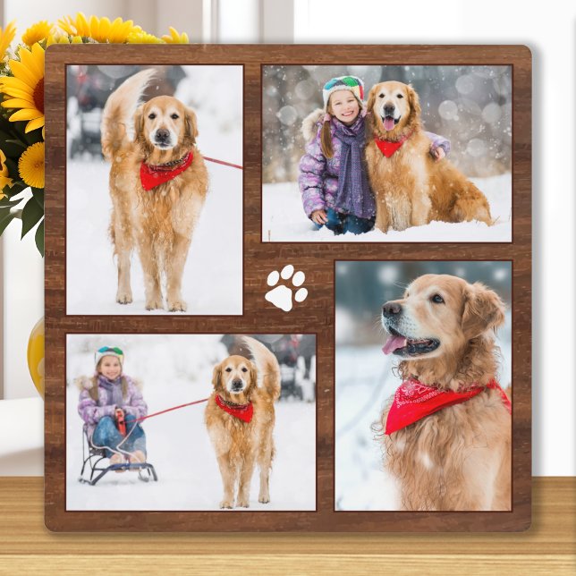 Rustic Dog Lover Custom Pet 4 Photo Collage Plaque (Creator Uploaded)