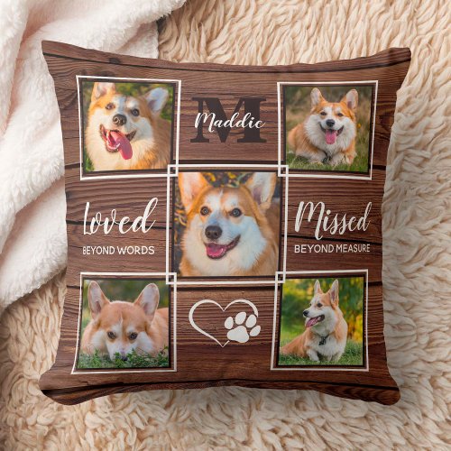 Rustic Dog Memorial Pet Loss Custom Photo Collage Throw Pillow