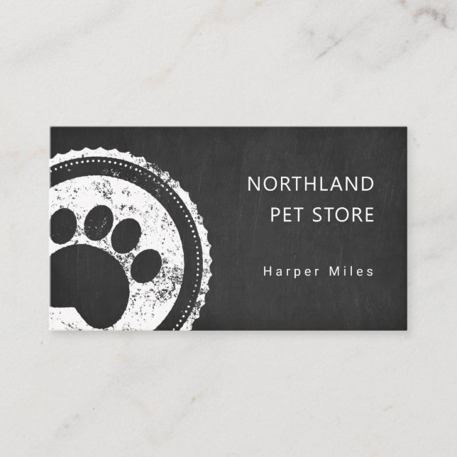 Rustic dog paw print chalkboard logo groomer  business card (Front)