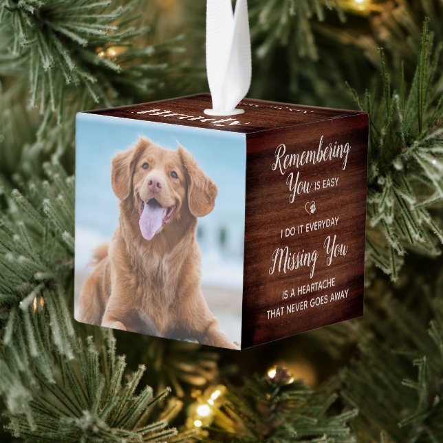 Rustic Dog Pet Memorial Remembrance Custom 4 Photo Cube Ornament (Tree)