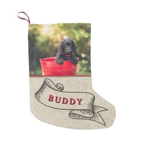 Rustic Dog Photo and Name Festive Ribbon Small Christmas Stocking