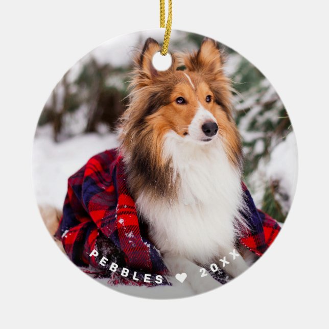 Rustic Dog Photo Name Red Buffalo Plaid Holiday Ceramic Ornament (Front)