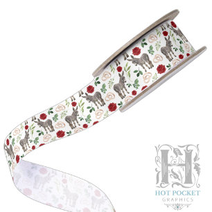 Rustic Donkey Floral Red Satin Ribbon