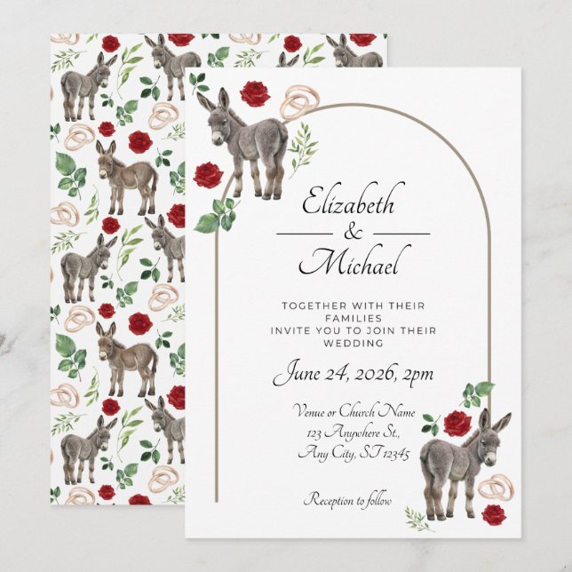 Rustic Donkey Floral Red Wedding Invitation (Front/Back)