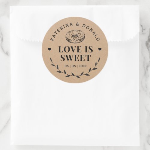 Rustic Donut Love is Sweet Wedding Kraft  Classic Round Sticker