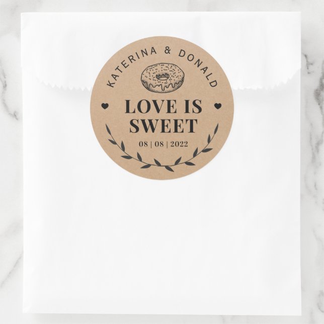 Rustic Donut Love is Sweet Wedding Kraft  Classic Round Sticker (Bag)