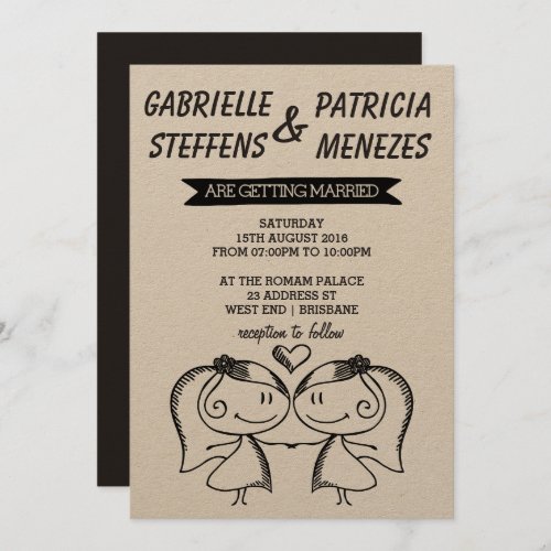 Rustic Doodle Couple Lesbian Wedding Invitation