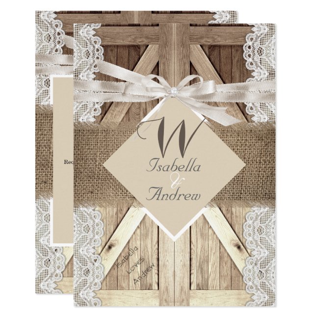 Rustic Door Wedding Beige Lace Wood Burlap Writing Invitation
