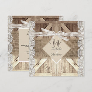 Rustic Door Wedding Beige Lace Wood Burlap Writing Invitation
