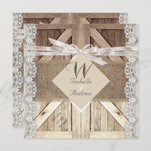 Rustic Door Wedding Beige Lace Wood Burlap Writing Invitation