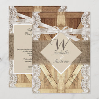 Rustic Door Wedding Beige White Lace Wood Burlap 2 Invitation