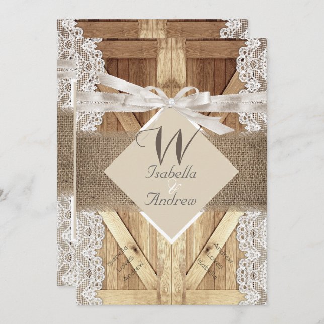 Rustic Door Wedding Beige White Lace Wood Burlap 2 Invitation (Front/Back)