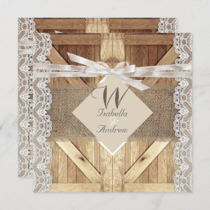 Rustic Door Wedding Beige White Lace Wood Burlap Invitation