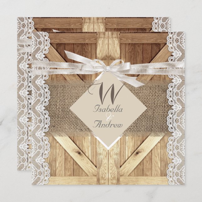 Rustic Door Wedding Beige White Lace Wood Burlap Invitation (Front/Back)