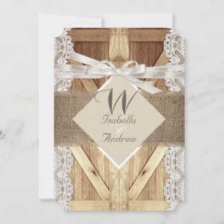 Rustic Door Wedding Beige White Lace Wood Burlap Invitation