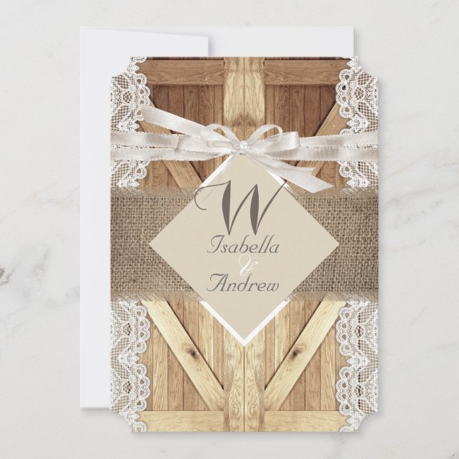 Rustic Door Wedding Beige White Lace Wood Burlap Invitation (Front)