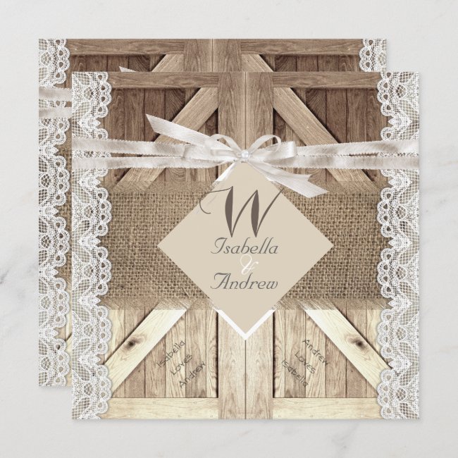 Rustic Door Wedding Lace Wood Burlap Writing 2 Invitation