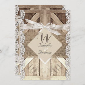 Rustic Door Wedding Lace Wood Burlap Writing 2a Invitation