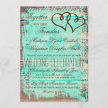 Rustic Double Hearts Aqua Wood Wedding Invites