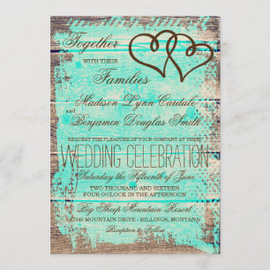 Rustic Double Hearts Aqua Wood Wedding Invites