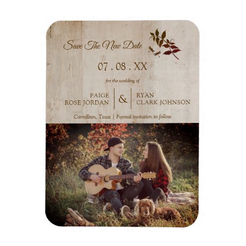 Rustic Dragonfly on Wood with Engaged Couple Photo Magnet