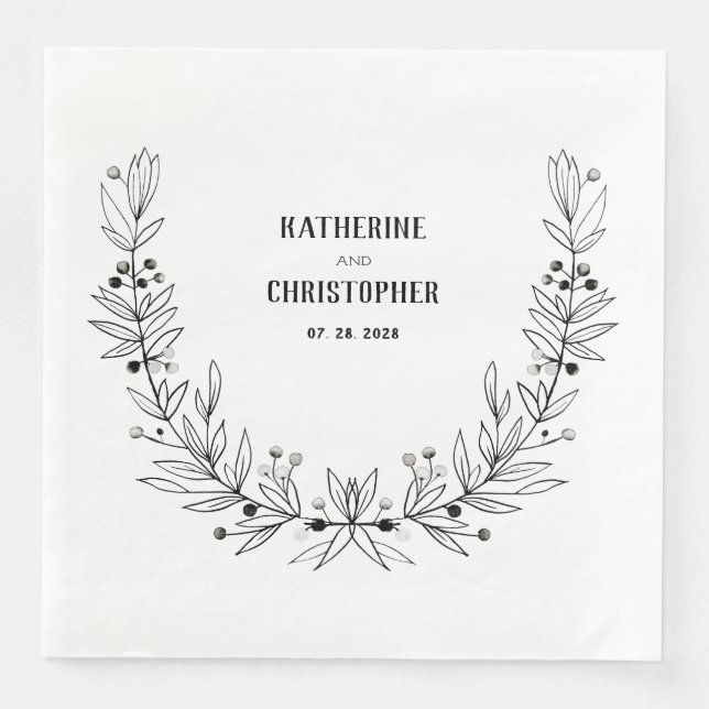 Rustic Drawn Stem Leaf Berries Wreath Crest  Paper Dinner Napkins (Front)