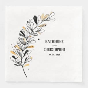 Rustic Drawn Stem With Black White & Gold Leaves Paper Dinner Napkins