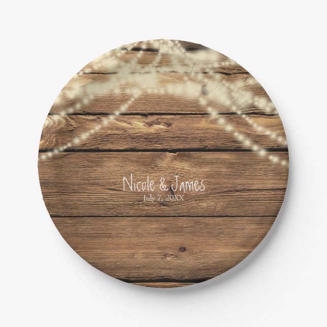 Rustic Dreamy Lights & Wood Rustic Wedding Paper Plates (Front)