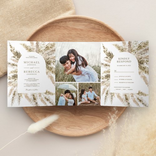 Rustic Dried Boho Pampas Grass Arch Photo Wedding Tri_Fold Invitation