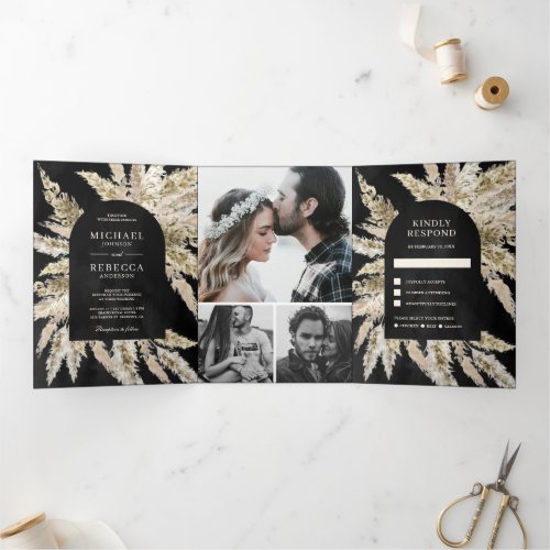 Rustic Dried Boho Pampas Grass Black Arch Wedding Tri_Fold Invitation