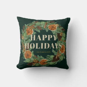 Rustic Dried Orange Pine Holiday Wreath Green Throw Pillow