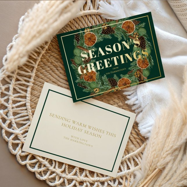 Rustic Dried Orange Pine Season's Greetings Gold  Foil Holiday Card (Creator Uploaded)