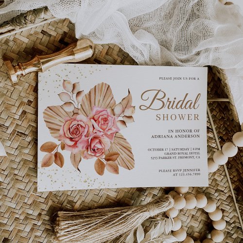 Rustic Dried Palm Earthy Peach Roses Bridal Shower Invitation
