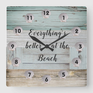 Rustic Driftwood and Seashells Better At The Beach Square Wall Clock