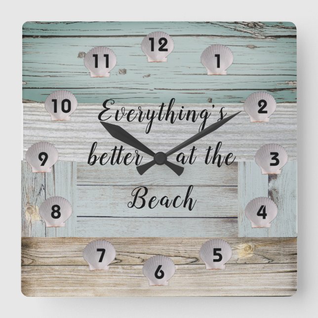 Rustic Driftwood and Seashells Better At The Beach Square Wall Clock (Front)