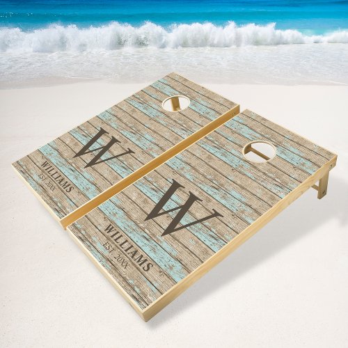 Rustic Driftwood Beach Nautical Family Name Cornhole Set