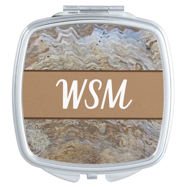 Rustic Driftwood Brown Woodgrain Photo Monogram Compact Mirror (Front)