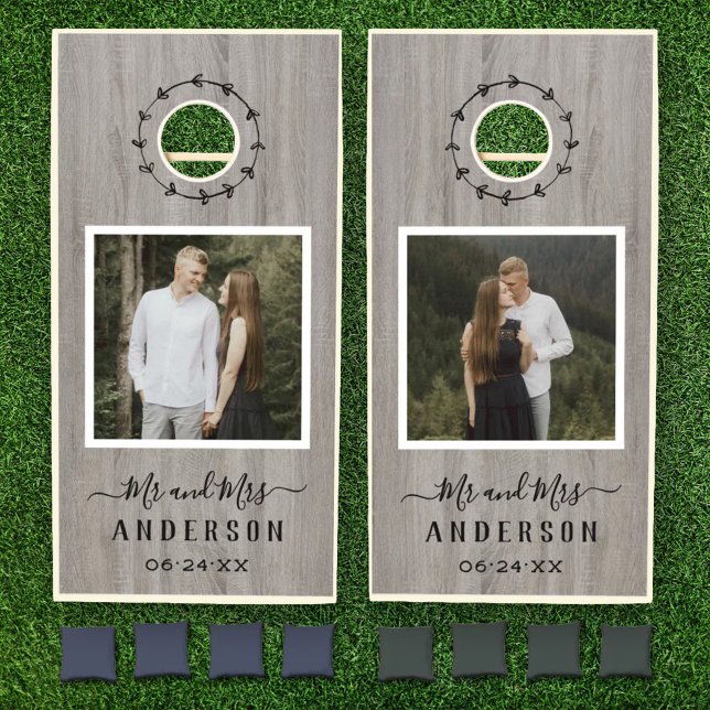 Rustic Driftwood Mr and Mrs Photo Wedding Cornhole Set (Creator Uploaded)