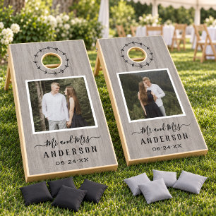Rustic Driftwood Mr and Mrs Photo Wedding Cornhole Set